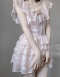 Lourdasprec-Kawaii Aesthetic Soft Girl Style Baby Pink Off Shoulder Lace Mini Dress