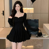 Lourdasprec-Korean Aesthetic Soft Girl Kpop Sweetheart Neckline Long Sleeve Rib Knit Dress