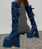 Cyber Monday Sales Womens Denim Jeans Belt Buckle Platform Over The Knee Thigh Boots Super High Heel Shoes Luxury Long Ladies New 2022 Shoes