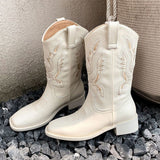 Black Friday Sales Women Mid Calf 2022 Western Boots Cowboy Pointed Toe Knee High Pull On Boots Ladies Fashion Leather Embroidery Botas Mujer 35-40