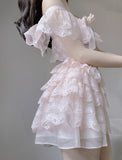 Lourdasprec-Kawaii Aesthetic Soft Girl Style Baby Pink Off Shoulder Lace Mini Dress