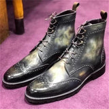 LOURDASPREC-Graduation Gift - Men Fashion Brogue Ankle Boots Classic Retro Casual Street Daily Round Toe Carved Lace Up PU 3D Printing Personality Men Shoes
