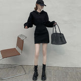 Lourdasprec-Harajuku Korean Fashion Cinched Waist Hoodie Dress Mini Dress (Black)