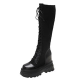 Lourdasprec  2022 Fashion Platform Knee-High Boots Women Retro Long Booties Thick Sole Motorcycle Boots Black Lace Up High Boots For Women