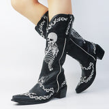 Lourdasprec Women Western Cowboy Boots Fashion Skull Pointed Toe Mid Boots Punk Personality Retro Female Boots Halloween Brand Women's Shoes
