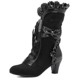 Lourdasprec New Bowknot Sweet Women Boots Gothic Black Retro Lace High Heels Lolita Cosplay Mid Calf Boots Steam Punk Big Size Woman Shoes