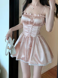 Lourdasprec-Coquette Fashion Korean Off Duty Ballerina Aesthetic Powder Pink Satin Dress Shorts Set