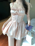 Lourdasprec-Coquette Fashion Korean Off Duty Ballerina Aesthetic Powder Pink Satin Dress Shorts Set