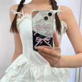 LOURDASPREC-Lourdasprec-Kawaii Aesthetic Korean Pink Ribbon Bow Mirror iPhone Case