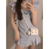 Lourdasprec-Harajuku Coquette Aesthetic Fashion Blue Gingham Off Shoulder Dress