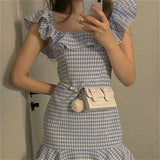 Lourdasprec-Harajuku Coquette Aesthetic Fashion Blue Gingham Off Shoulder Dress