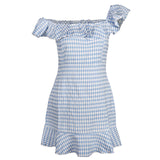 Lourdasprec-Harajuku Coquette Aesthetic Fashion Blue Gingham Off Shoulder Dress