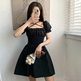 Lourdasprec-Harajuku Kawaii Fashion Korean Style Lantern Sleeve Black Dress