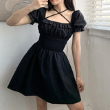 Lourdasprec-Harajuku Kawaii Fashion Korean Style Lantern Sleeve Black Dress