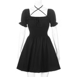 Lourdasprec-Harajuku Kawaii Fashion Korean Style Lantern Sleeve Black Dress